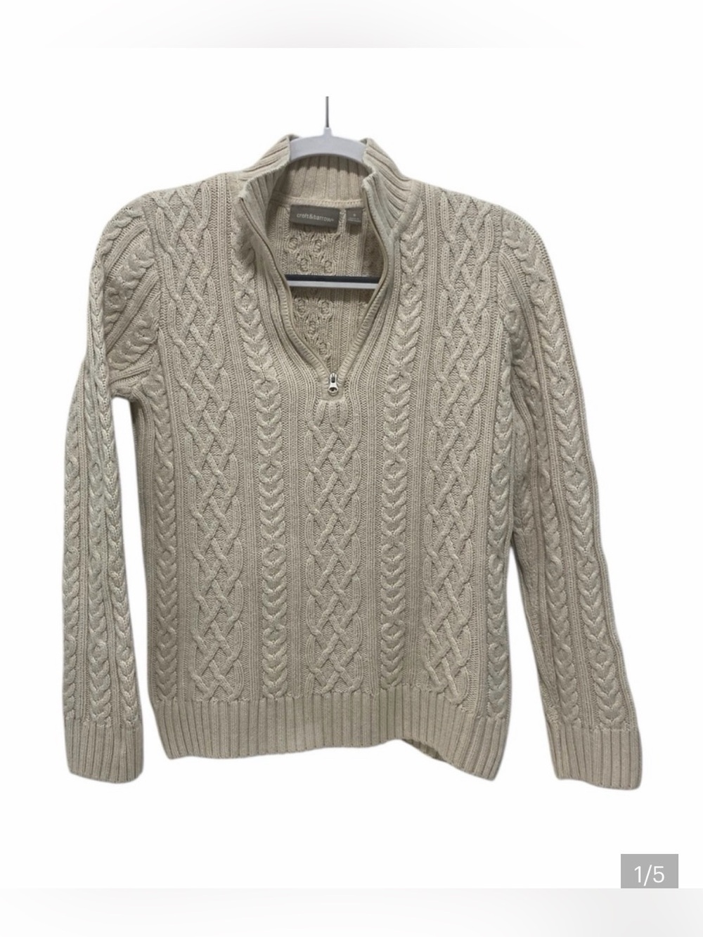 Croft & Barrow 100% Cotton Cream Off White Cable Knit Quarter Zip Sweater - S